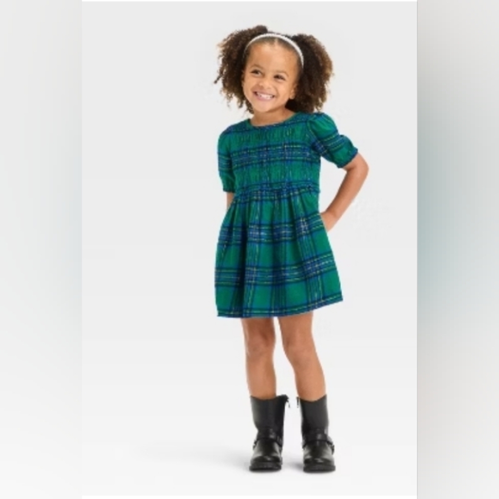 Cat & Jack Toddler Girls' Short Sleeve Plaid Dress Green - Picture 3 of 5